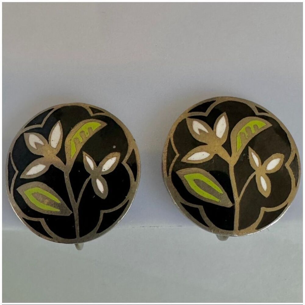 Vintage Cloisonné Floral Screw Back Earrings Black Green Enamel